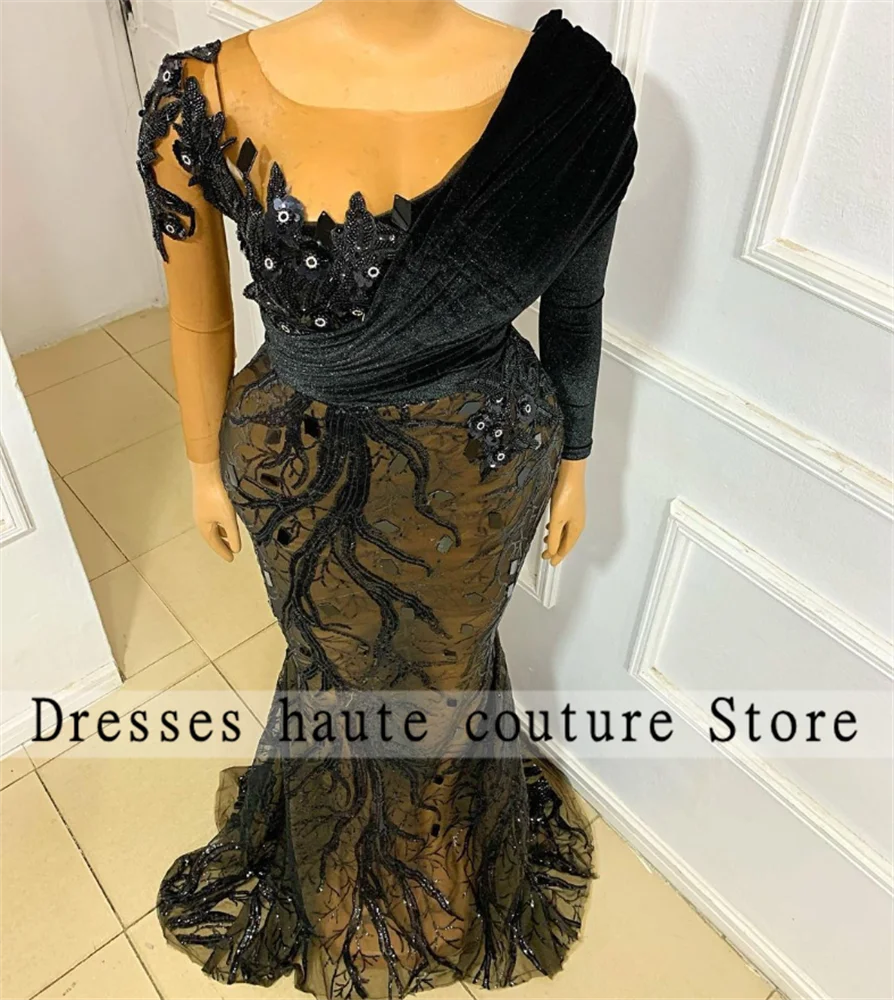 

Aso Ebi Black Appliques Mermiad Evening Dresses Women Luxury 2023 For Wedding Party Dress Long Sleeve Birthday Dress