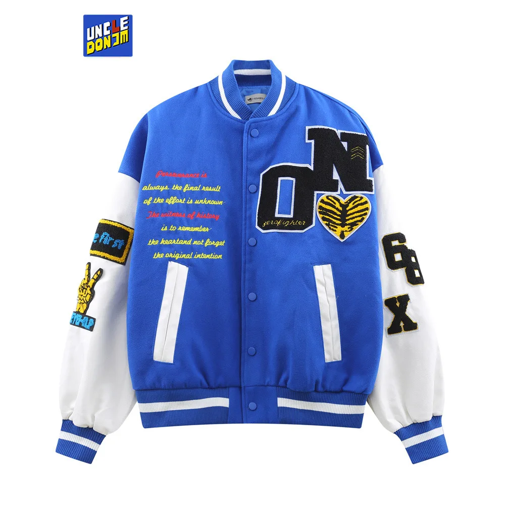 

UNCLEDONJM Letter embroidery men baseball jacket color block PU leather sleeve jacket hip hop bomber jacket