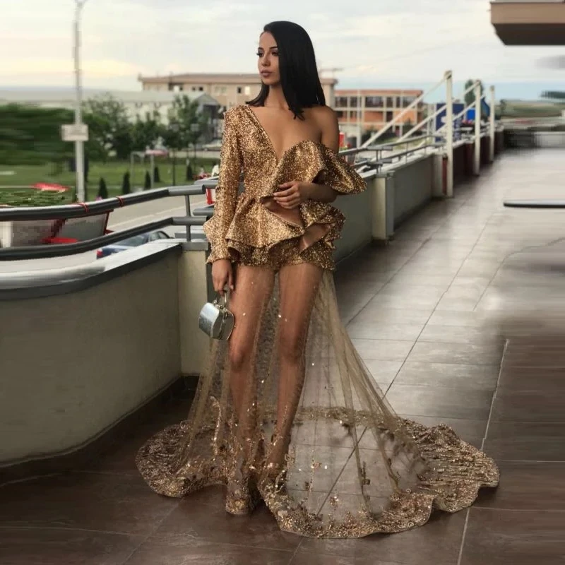 

Sparkle South African Prom Dresses A-line One-shoulder Tulle Sequins Black Girls Nigeria Robe De Soiree Evening Dresses Gown