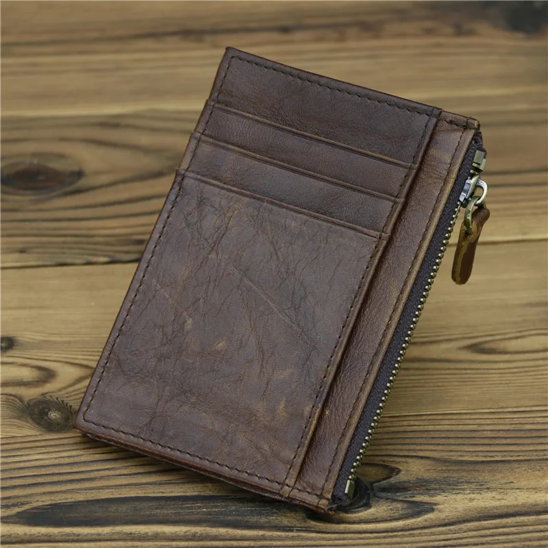 Ultra Thin Short Card Coin Key Storage Bag Unisex New Oil Wax Leather Zipper Zero Wallet