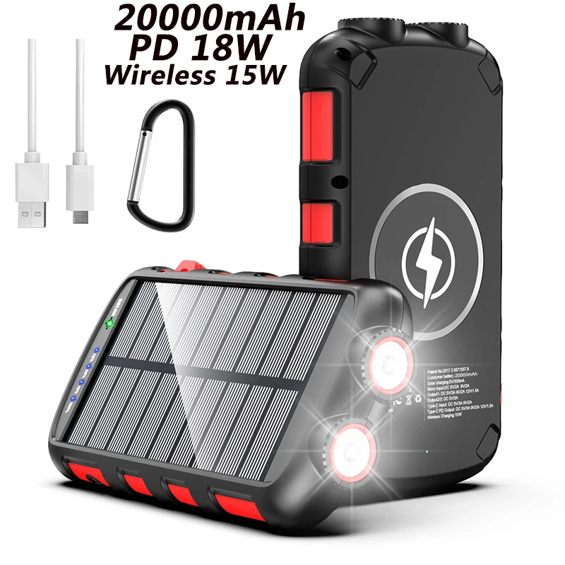 PD 18W Real 20000mAh Portable Solar Power Bank wireless Fast charger Smartphones Powerbank External Battery led lamp waterproof