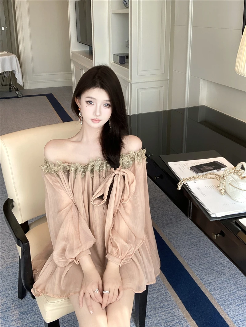 MiiiiX Fairycore Стиль Шифоновая блузка с открытыми плечами и Женская рубашка без