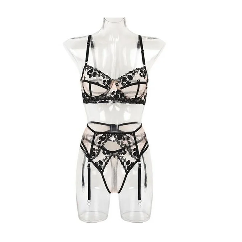 

Sexy new extroic embroidery lingerie panties three-piece set ultra thin style with steel ring girdle lingerie bra underwear set