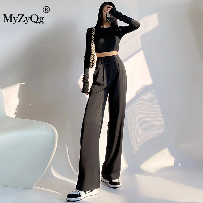 

Women Black Double Button Suit Trousers Female Spring New Loose Drape Straight Leg High Waist Casual Wide-leg Pants