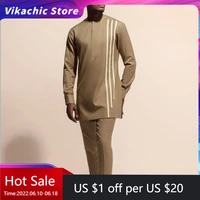 african ethnic long sleeve mens wedding suit top pants set 2022 brand new striped printed africa clothing man casual two piece