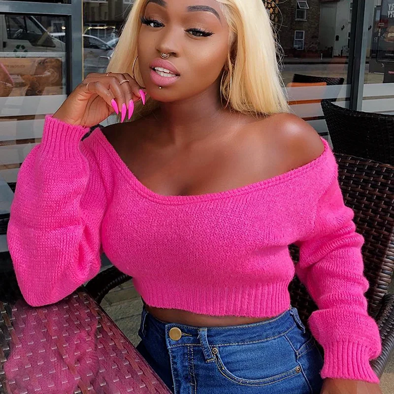 

Новинка 2021, осенне-зимний пуловер, свитера, однотонные Клубные Сексуальные укороченные топы с длинным рукавом и воротником-лодочкой, модные...