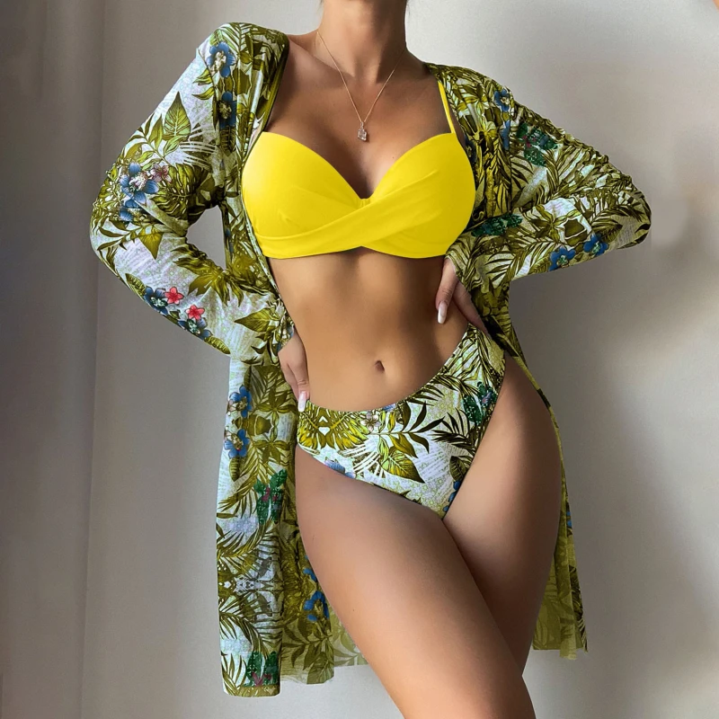 

Floral Print Bikini Set Women Low Waist Twist Swimsuit Long Sleeve Cover Up Three Pieces Summer Beach Bathing Suit Swimwear