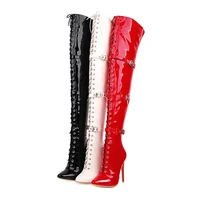 lucyever women sexy cross tied thigh high boots pointed toe thin high heels over the knee boots patent leather shoes woman 33 46