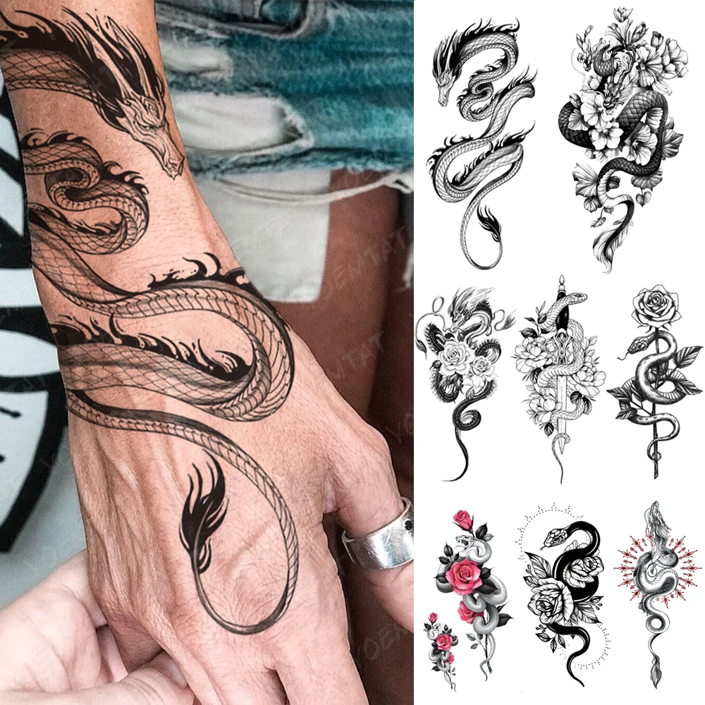 

Водостойкая Временная тату-наклейка, черная змея, дракон, тотем, искусственная татуировка для мужчин и женщин, тигр, цветы, розы, боди-арт на ...