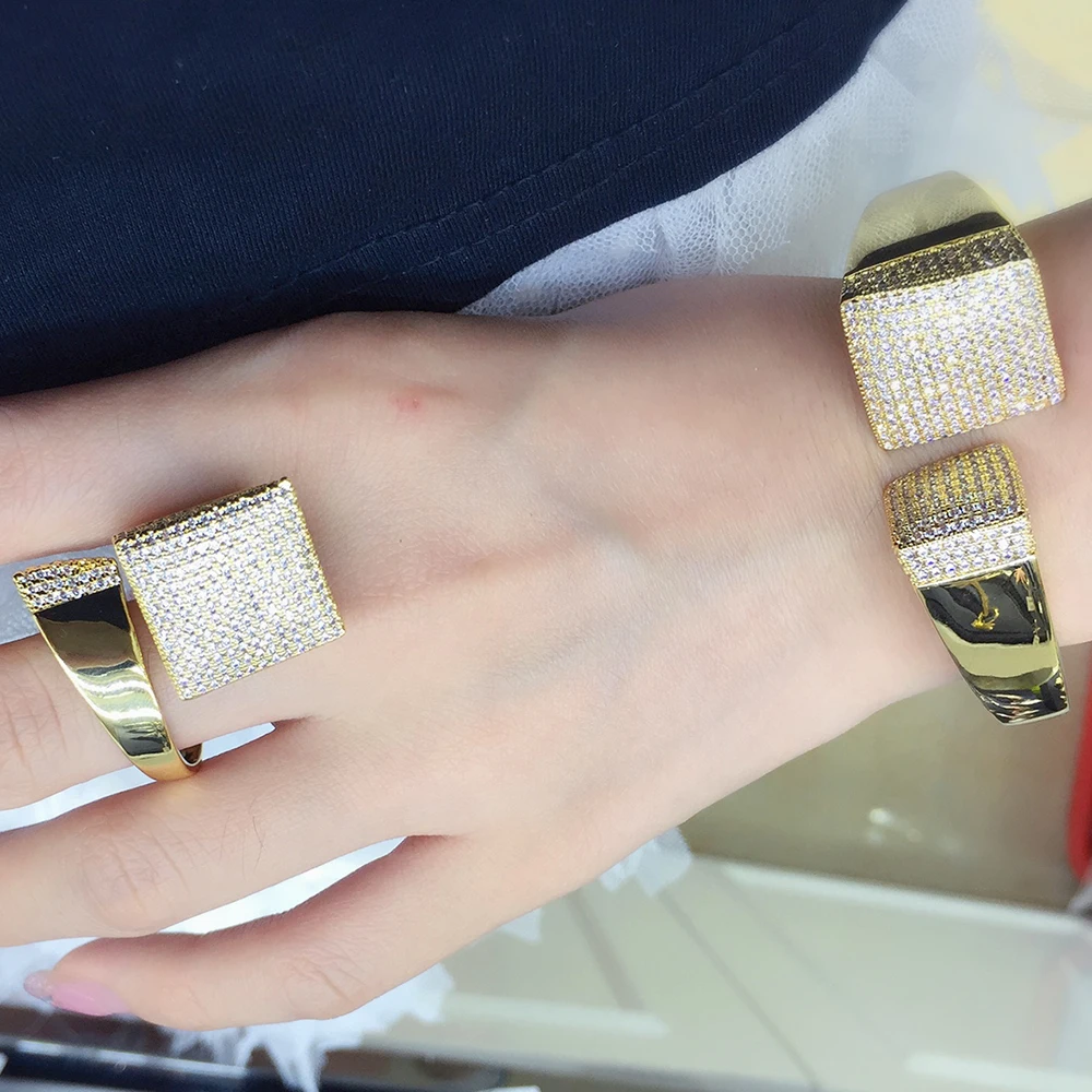 

Tension Mount Bracelet and Ring Set Luxury Womens Jewelry Gold and Silver Color Brodal Cuff Bangles with Rings SS03