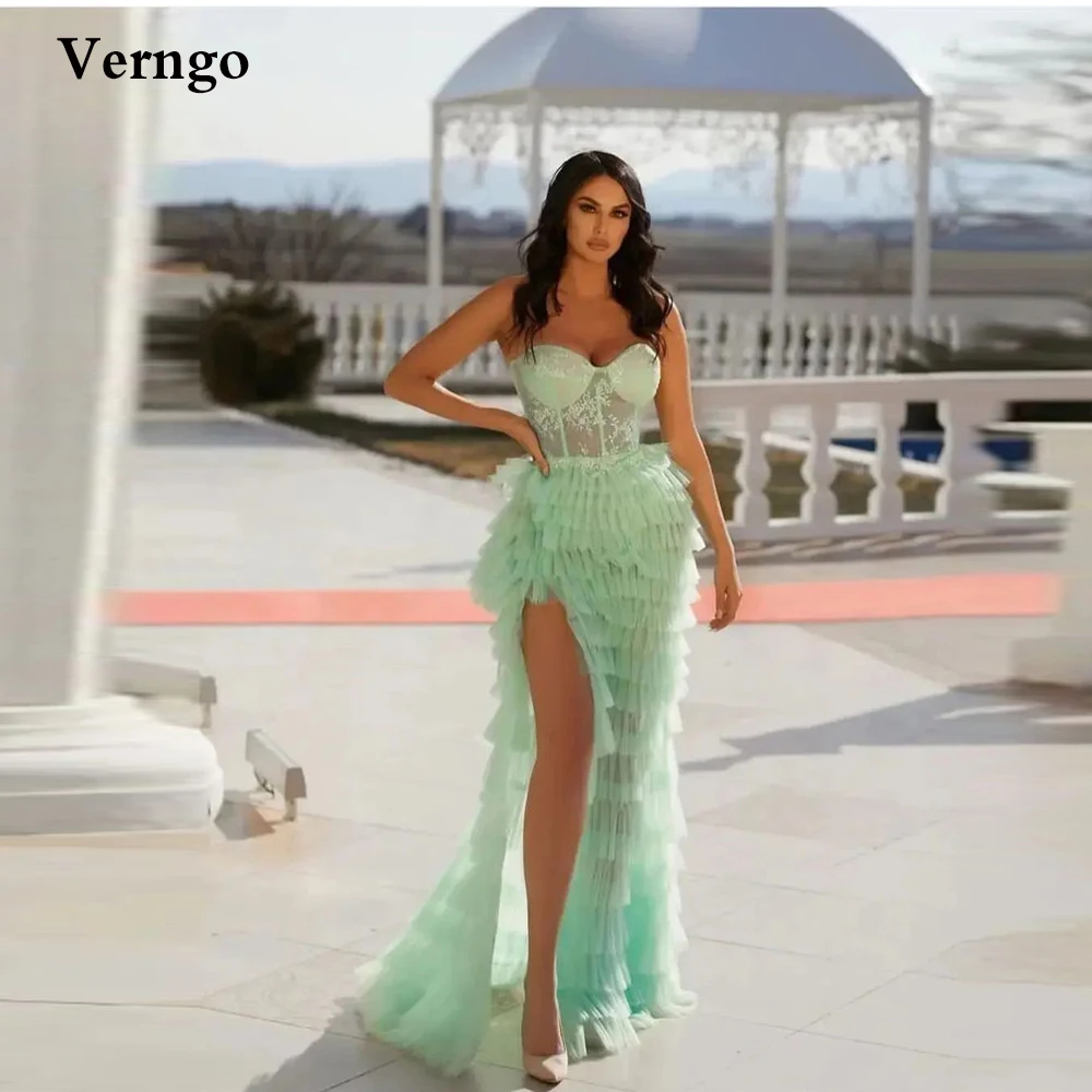 

Verngo Mint Green Tulle Tiered Skirt Prom Dresses Applique Sweetheart Slit Sexy Mermaid Evening Gowns Pageant vestidos de noche