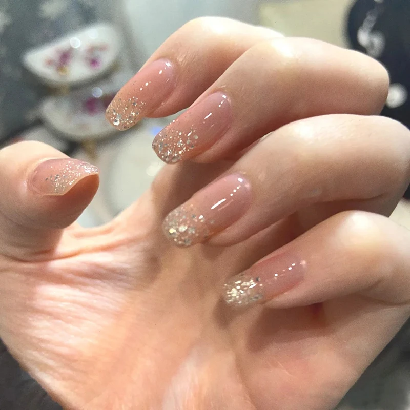 

24pcs/box Sequins False Nails Sweet Style With Glue Press On Nails Square Type Removable Mid-length Manicure Fake Nail For Girls