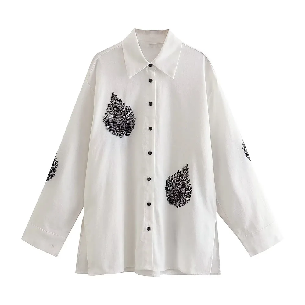 

Summer 2022 New Ladies Fashion White Beaded Long Sleeve Lapel Single Breasted Fashion Beaded Slim Fit Linen Shirt