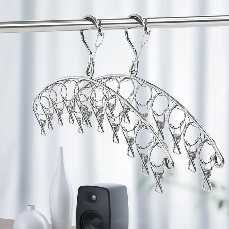 20Pegs Stainless Steel Clothes Drying Hanger Windproof Clothing Rack 20 Clips Sock Laundry Airer Hanger Underwear Socks Holder