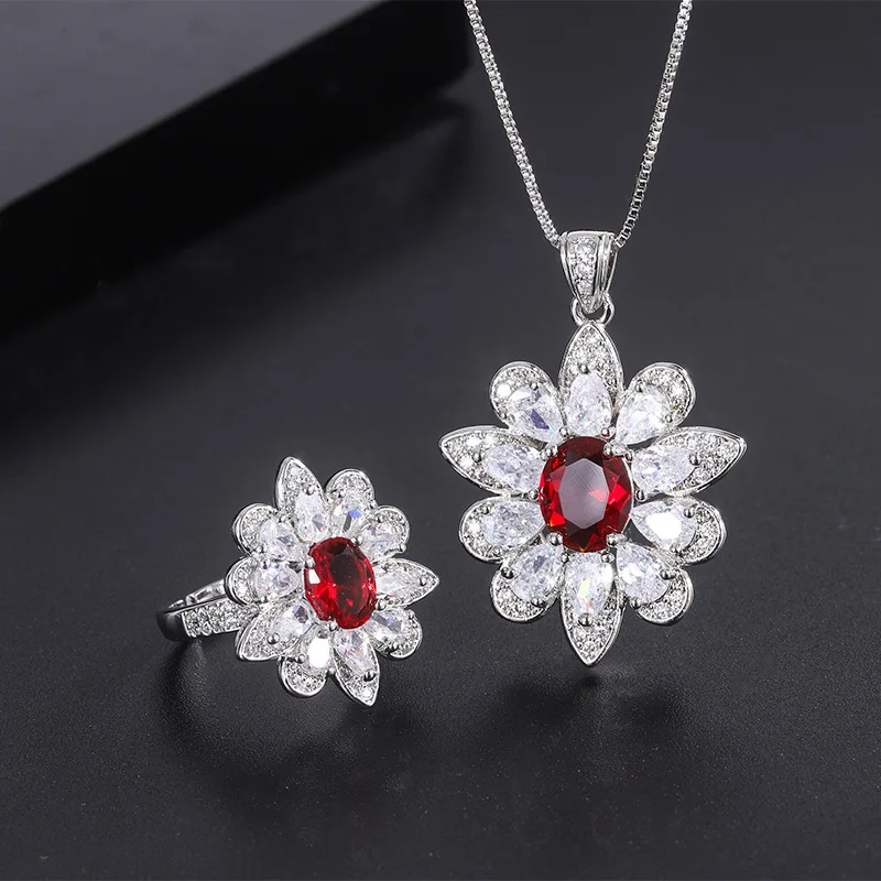 

Charms Fashion Luxury Brand Engagement Rings for Women Jewelry Ruby Sun Flower Drop Crystal Necklace Set Party Anniversary Gift