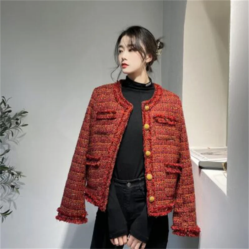 Tweed short coat women's loose thickening autumn winter plaid clothes single-breasted fashion red pink spring куртка весенняя