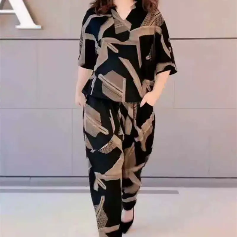 Casual Fashion Geometric Letter Printing Pant Sets Summer 2022 Short Sleeve V-neck T-shirt Wide Leg Pants Slim Women's Clothing