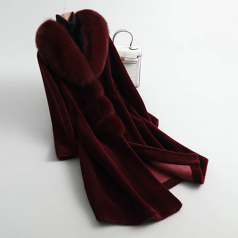 GOURS Real Fur Coats for Women Winter Long Coats and Jackets Natural Wool Clothes Fox Fur Collar Warm Soft Plus Size New LD8828