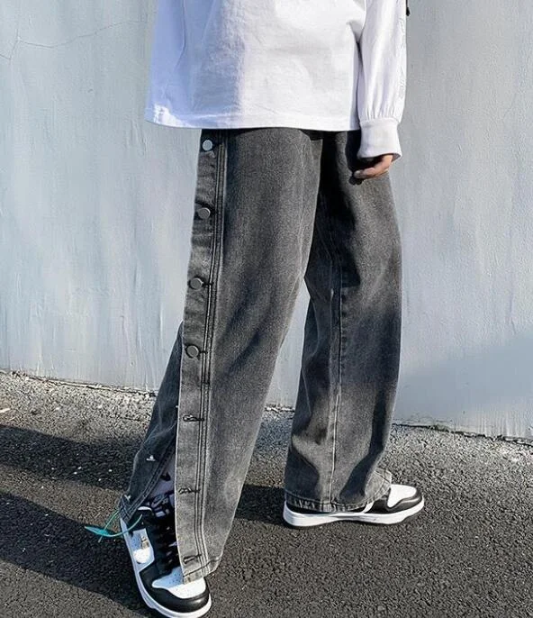 Men's Jeans Leg Button Slit Jeans Men's Loose Straight High Street  Jeans Retro Daddy Pants