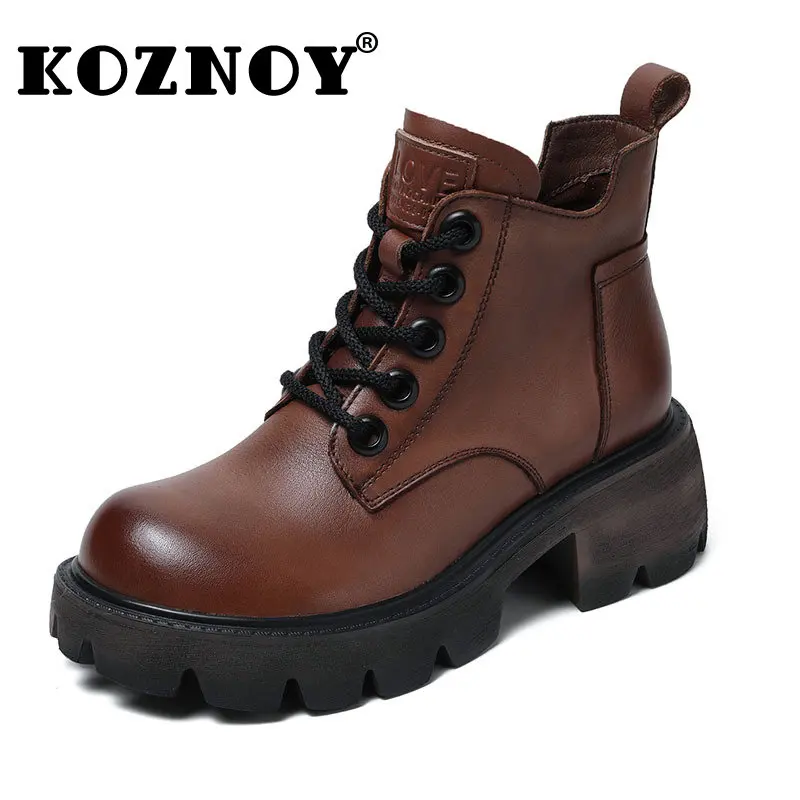 

Koznoy 6cm Natural Genuine Leather Rotro Platform Wedge Spring Autumn Ankle Mid Calf Motorcycle Booties Woman Moccassins Shoes