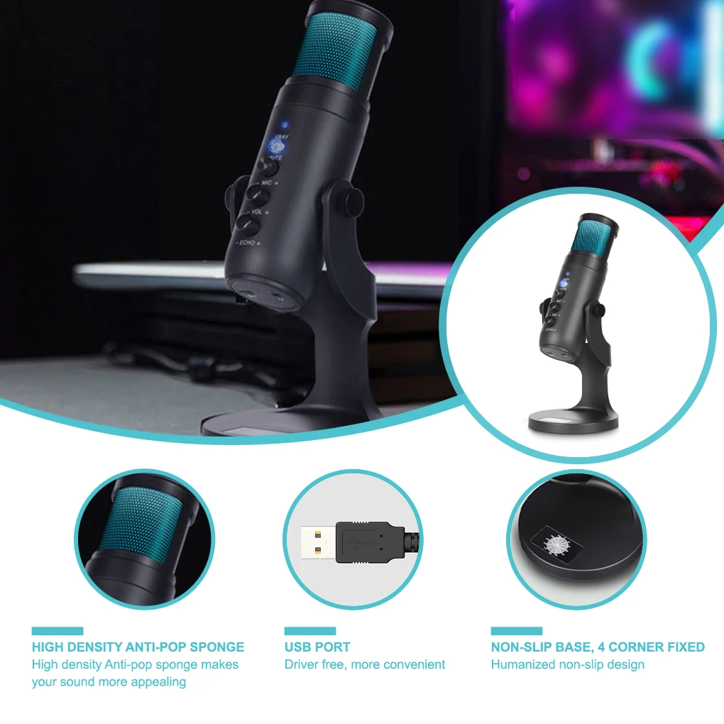 

Конденсаторный микрофон RGB для Android, IOS, ноутбуков, компьютеров, профессиональный USB-микрофон с разъемом для наушников для игр, потокового вид...