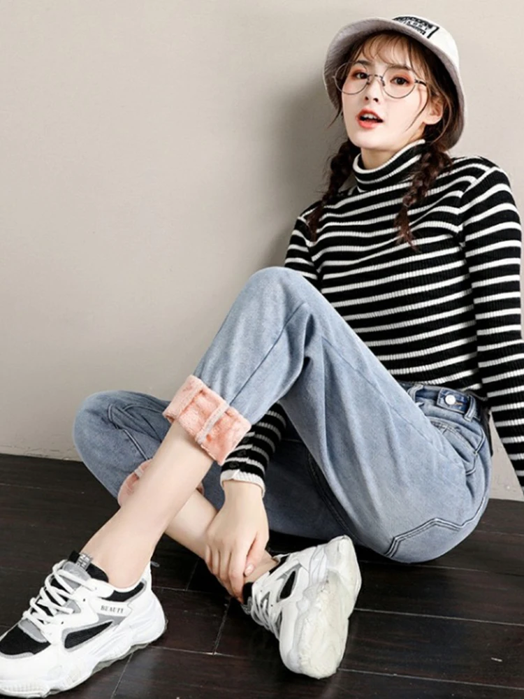 Женские зимние джинсы-шаровары с высокой талией и плюшевой подкладкой