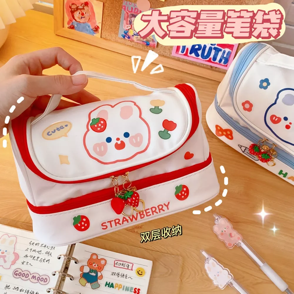 

Strawberry Multi-functional Stationery Pencil Bag Portable Pu Portable Pencil Bag Large-capacity Double-layer Pencil Case