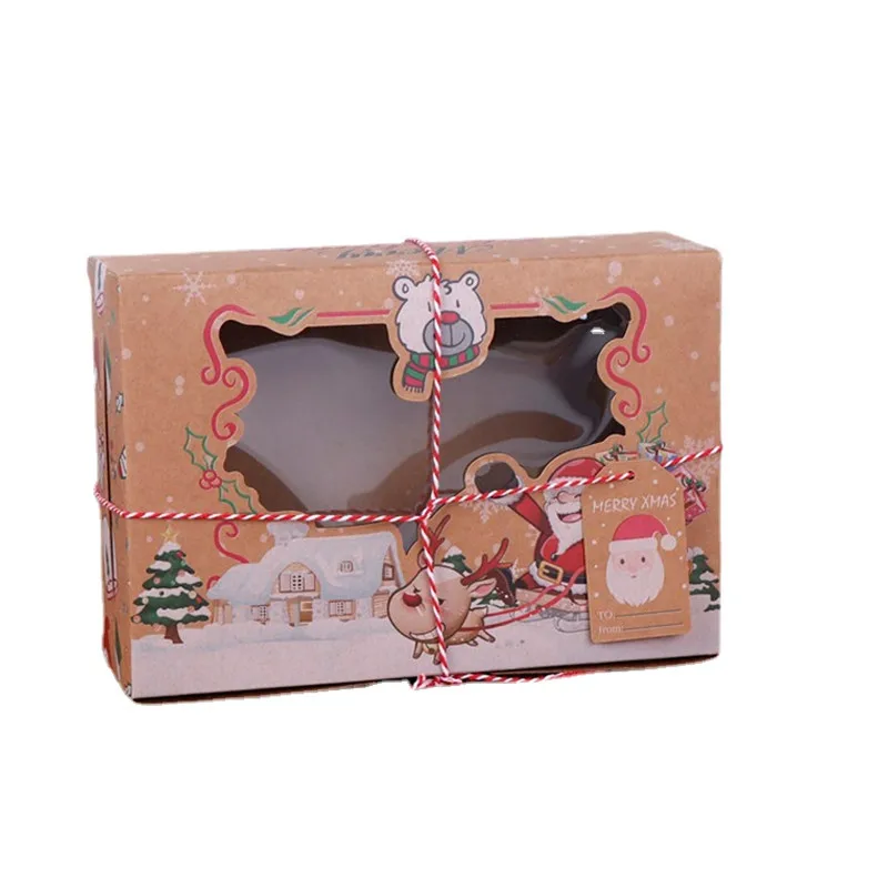 4/12/16/pcs Kraft Paper Candy Boxes Merry Christmas Gift Packaging Box with Pvc Windows Cake Bread Bags Birthday Party Decor