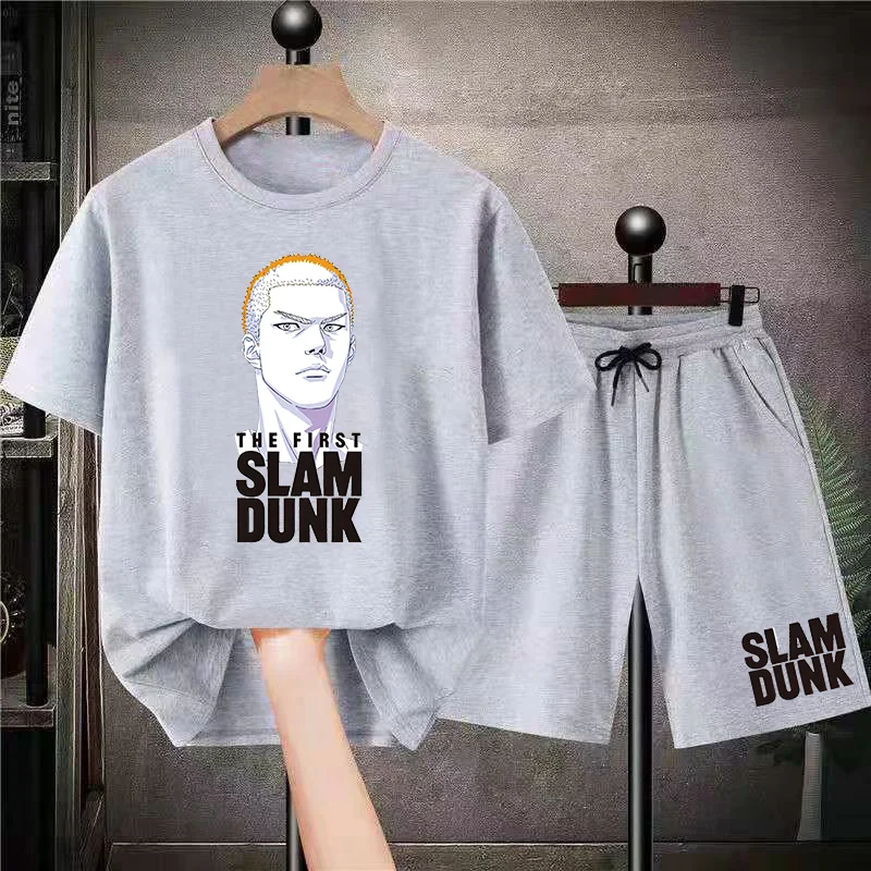 Men Sports Suit Pure Slam Dunk Print Tracksuit Cotton T Shirt Shorts 2 Piece Set Japanese Anime Charactor Sportswear Workout
