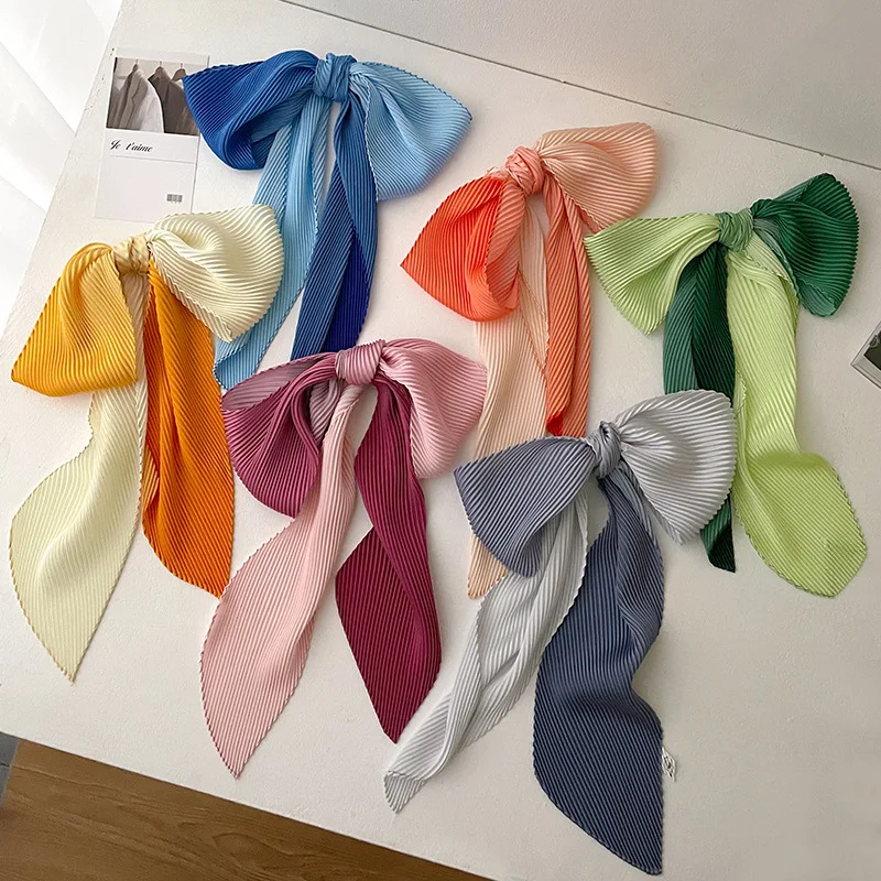 

Fashion Pleated Silk Neck Scarf Luxury Ombre Gradient Hair Tie Scarves Foulard Headband Shawls and Wraps Neckerchief 130*10Cm