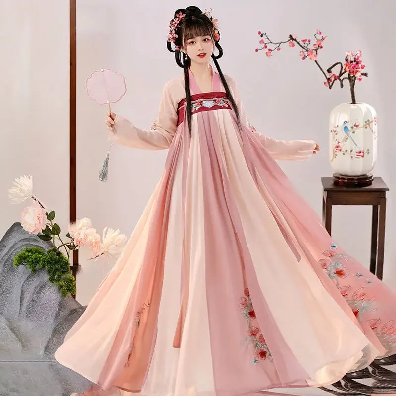 

Chinese Folk Dance Costume Traditional Kimono Clothing Fairy Big Wing Skirt Female Women Patchwork Embroidery Hanfu Dress Set