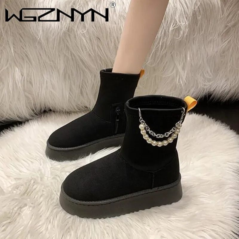 

Зимние Замшевые женские ботинки, новинка 2024, короткие плюшевые теплые женские ботильоны на платформе с украшением искусственным жемчугом и круглым носком