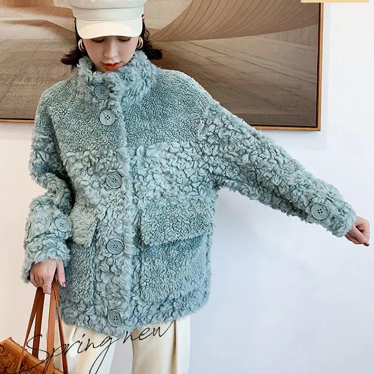 women fur Sheep Sheared Female Brief Paragraph Coat Keep Warm Thick Fur Coat Compound Fur Lambs Wool Coat Collar Shearling Coat