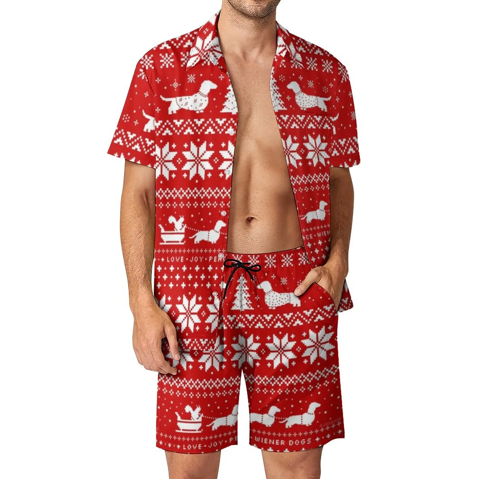

Vintage Dog Print Men Sets Dachshund Silhouettes Christmas Casual Shirt Set Cool Beach Shorts Summer Suit Two-piece Plus Size