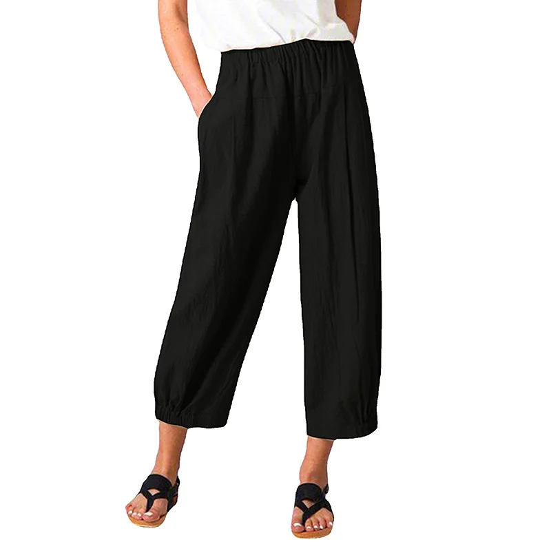 Women Harem Pants Summer Casual Vintage Cotton Linen Pants Elastic Waist Wide Leg Retro Loose Pockets Female Mom Trousers S-4XL