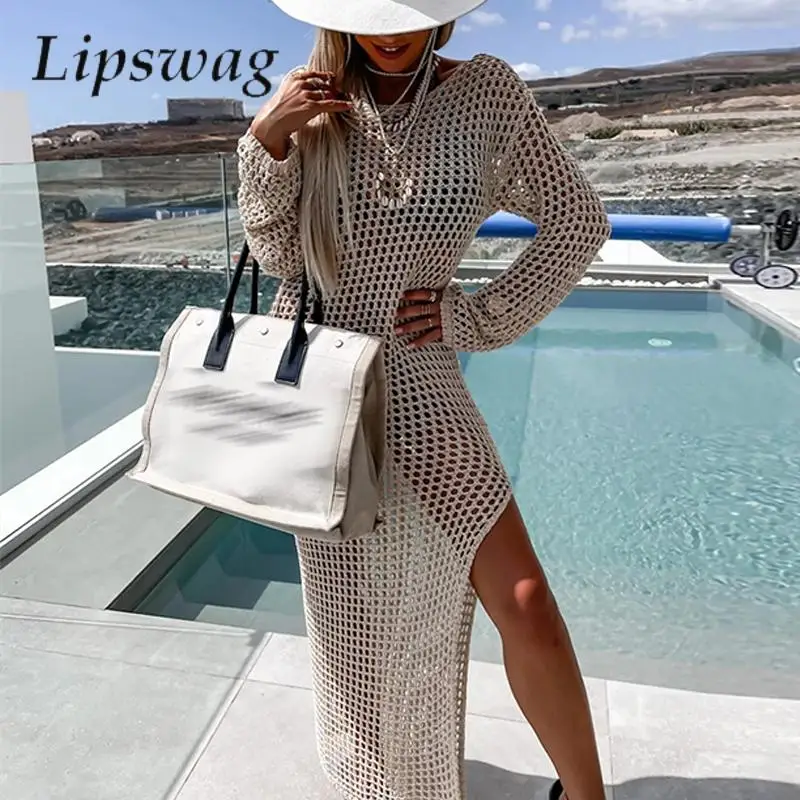 

Сексуальная прозрачная сетчатая Пляжная накидка, повседневное однотонное праздничное платье-пуловер с длинным рукавом, женские простые свободные длинные платья с круглым вырезом