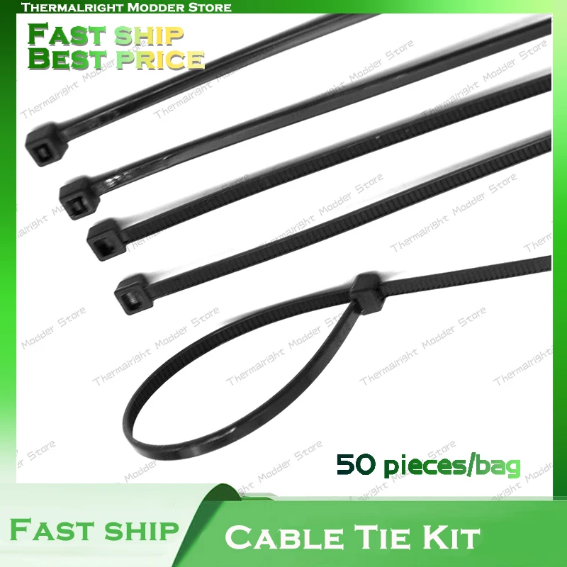 

PC Cooling Nylon Cable Tie Kit Plastic Self-locking 50pcs 3x150mm Fastening Ring Industrial Cable Tie Set Black Computer Case