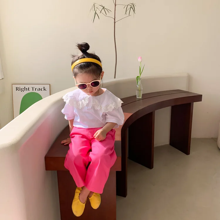 RiniLucia Girls Dresses Kids Clothes White Butterfly Sleeve T-shirt Solid  Dress Pullover lace fashion teen T-Shirt of Girls