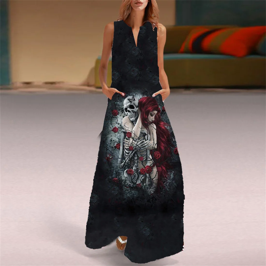 Сарафан с V-образным вырезом женское летнее Мини-Платье милым котом и цветами