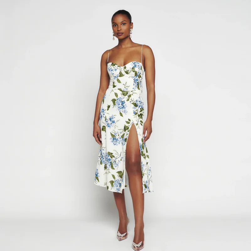 Women Dress 2023 Spring and Summer New Mid-length Slit Suspender Floral Dress
