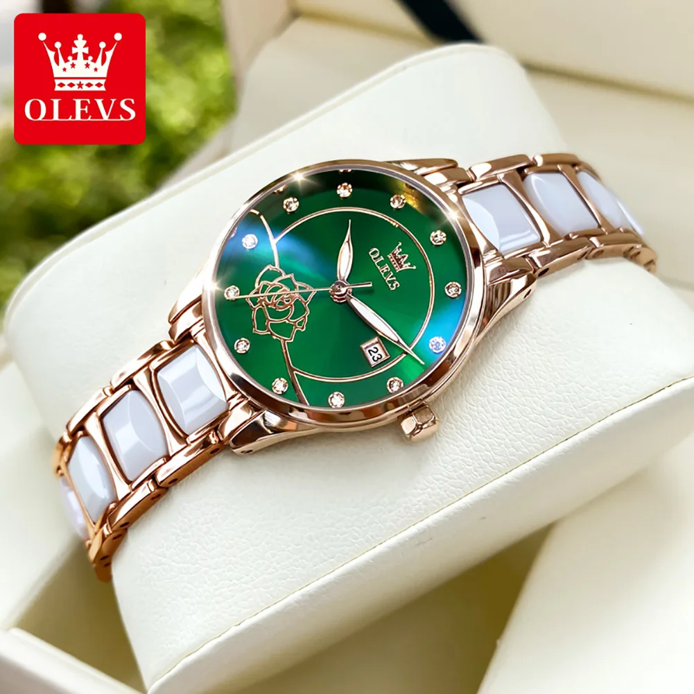 OLEVS Women Luxury Quartz Watch Top Brand Waterproof Stainless Steel Strap Fashion Women Watch Date Clock Green