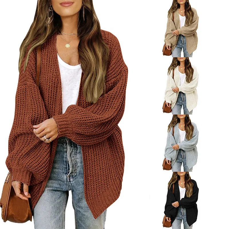 

2023 autumn and winter women's loose long-sleeved lantern sleeve cardigan oversized thick needle knit sweater woman