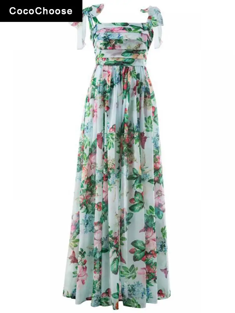 

High-end Luxury Women Designer Dress 2022 Runway Summer Gown Sexy Bow Strap Ruched Floral Chiffon Long Maxi Beach Dresses Green