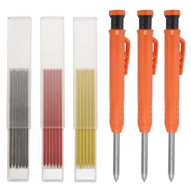 

3Pcs Solid Carpenter Pencils With 18 Refills, Woodworking Tools Deep Hole Pen Marking Tool For Woodworking Architects