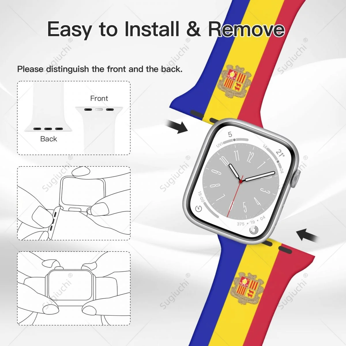 Фото Универсальный спортивный ремешок с 3D-печатью флага Андорры для Apple Watch Ultra 2, силиконовый ремешок для Iwatch Series 9, 8, 7, 6, SE, 5, 4 №4