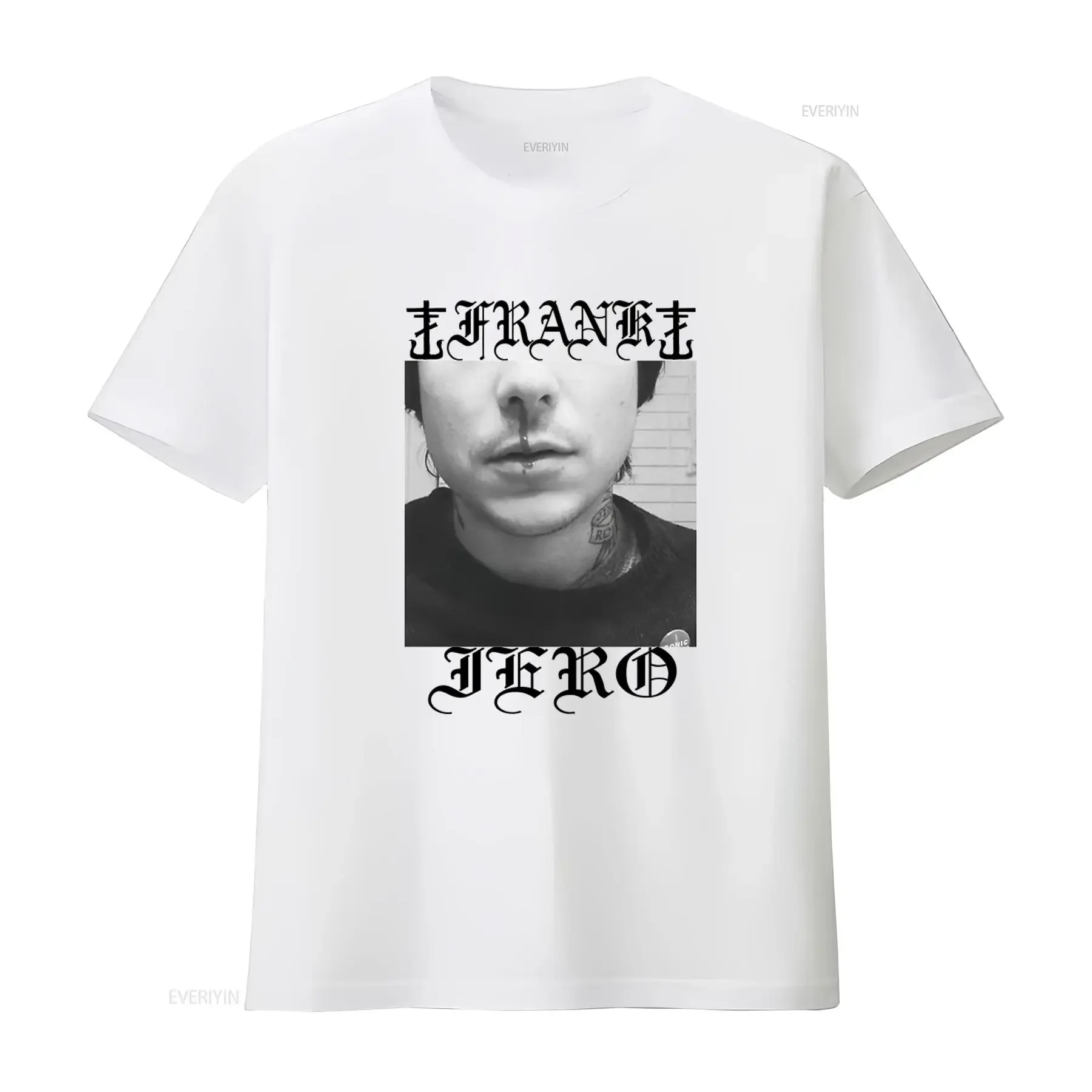 Фото Мужская футболка Frank Iero And The Celebration Nose Bleed Slim Fit, белая, среднего размера, винтажная, с эффектом потертости, с графическим принтом, дышащая, комфортная. №1