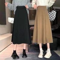 girl 2022 casual preppy style elastic high waist wool autumn and winter mid length a line skirt fashion sweet black skirt women
