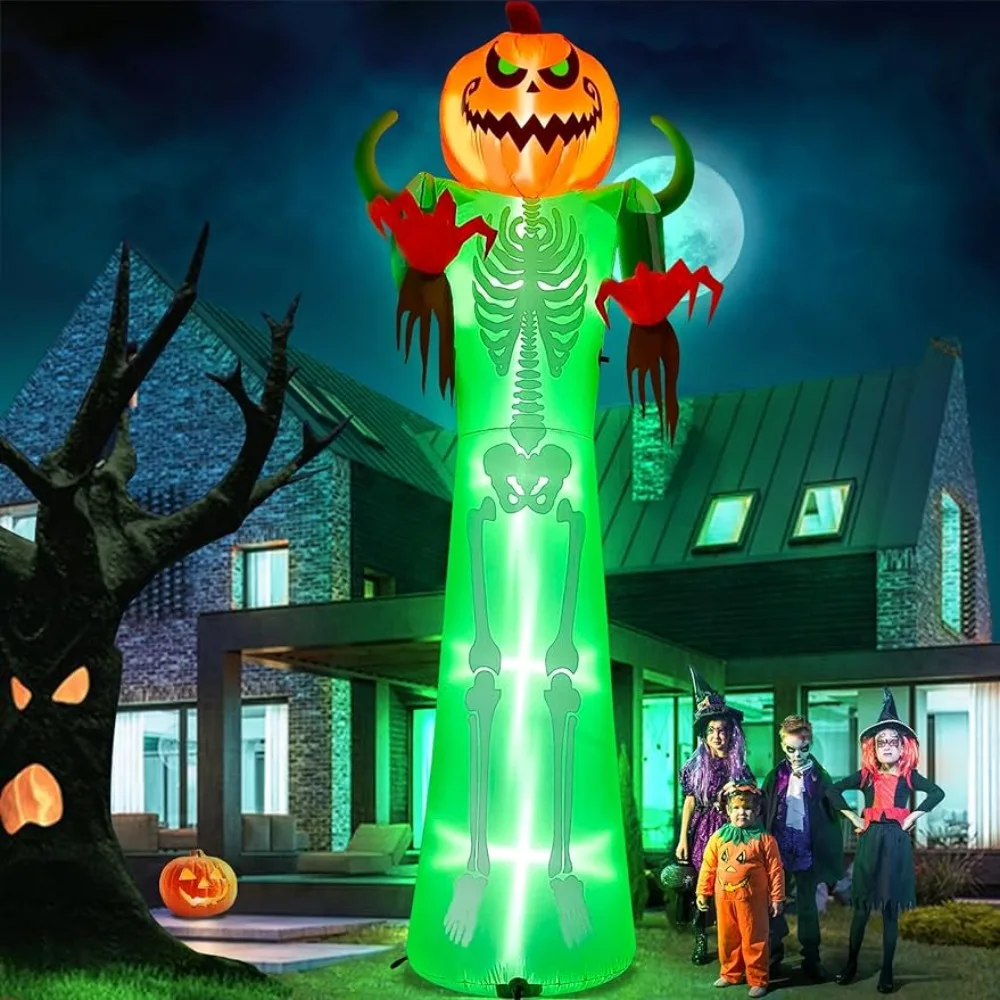 

12FT Halloween Inflatable with LED Light, Giant Pumpkin Halloween Outdoor Decoration Scary Pumpkin Skeleton Blow up Inflatable