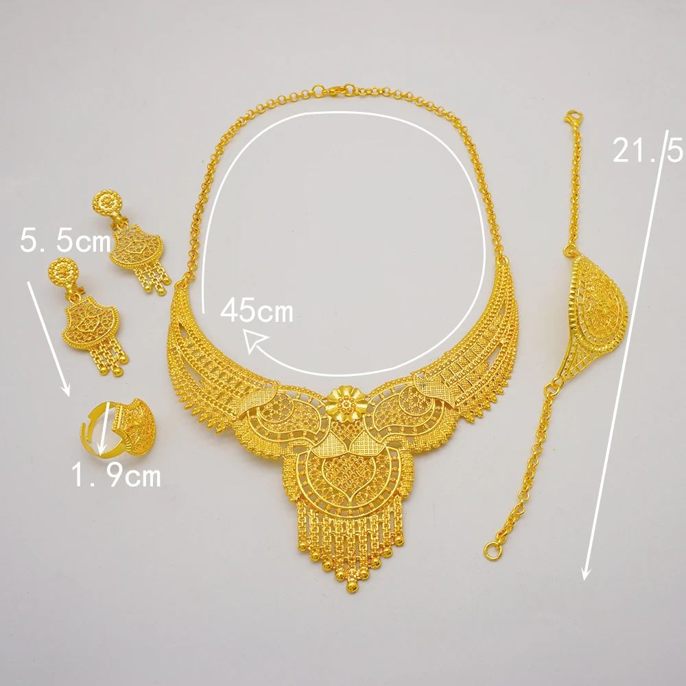 France Luxury Dubai Gold Color Jewelry Set For Women African Bridal Wedding Necklace Earrings Bracelet Ring Set Party Gifts