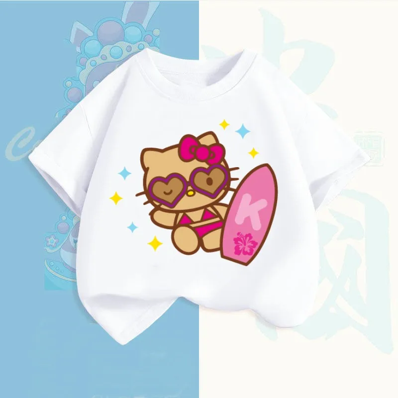 

Hello Kitty Children's Short-sleeved Travel The World New Sanrio Summer T-shirt Clothes Girly Heart Soft Kawaii Birthday Gift